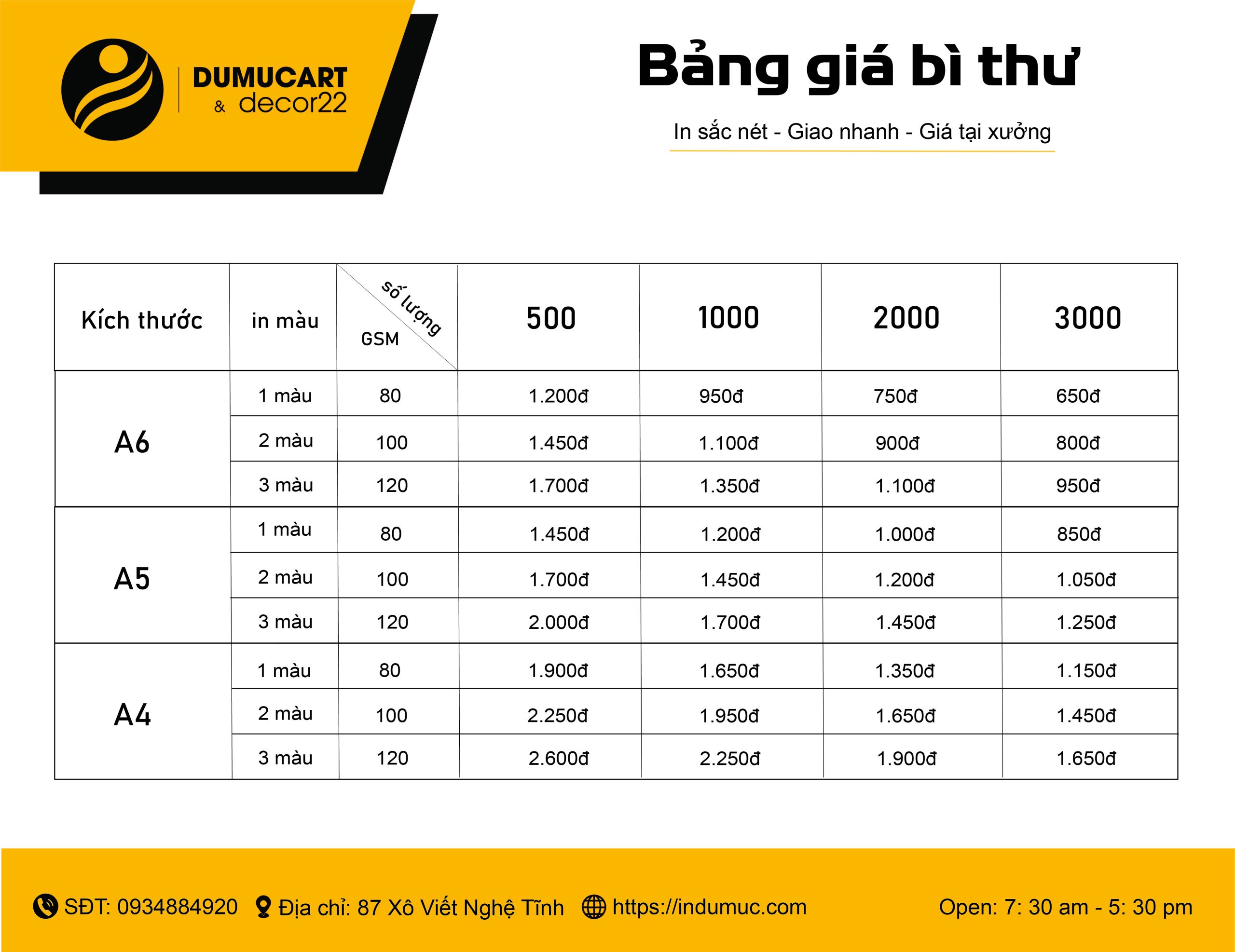 bảng giá in bì thư nhà in du mục art