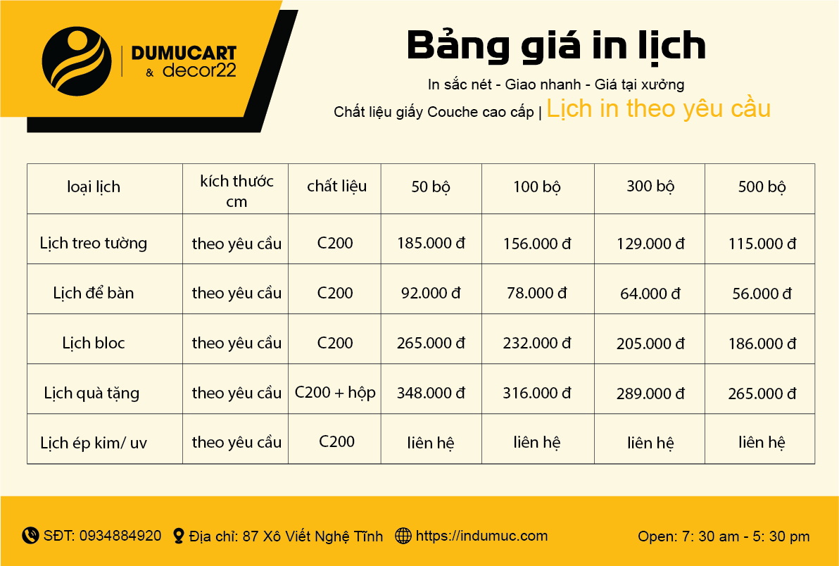 bảng giá in lịch tết tại du mục art