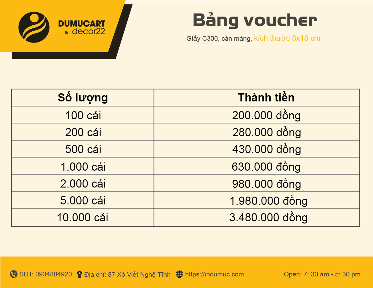 bảng giá in vocher nhà in du mục art