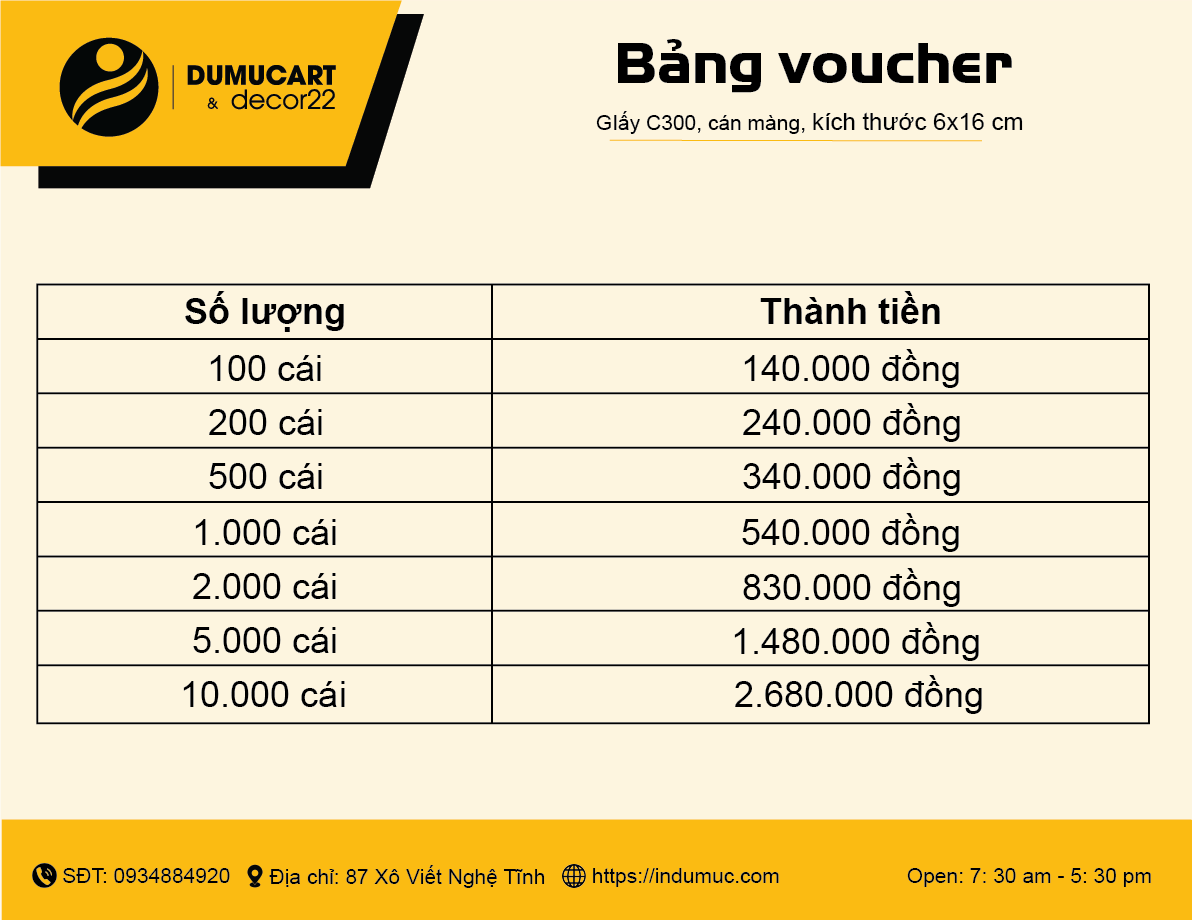 bảng giá in vocher nhà in du mục art