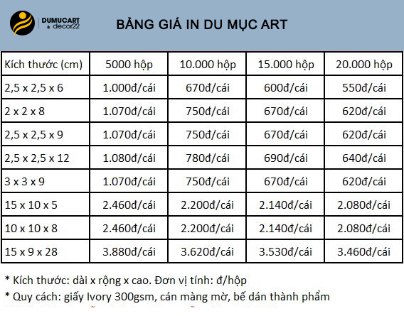bảng giá in du mục art mới nhất