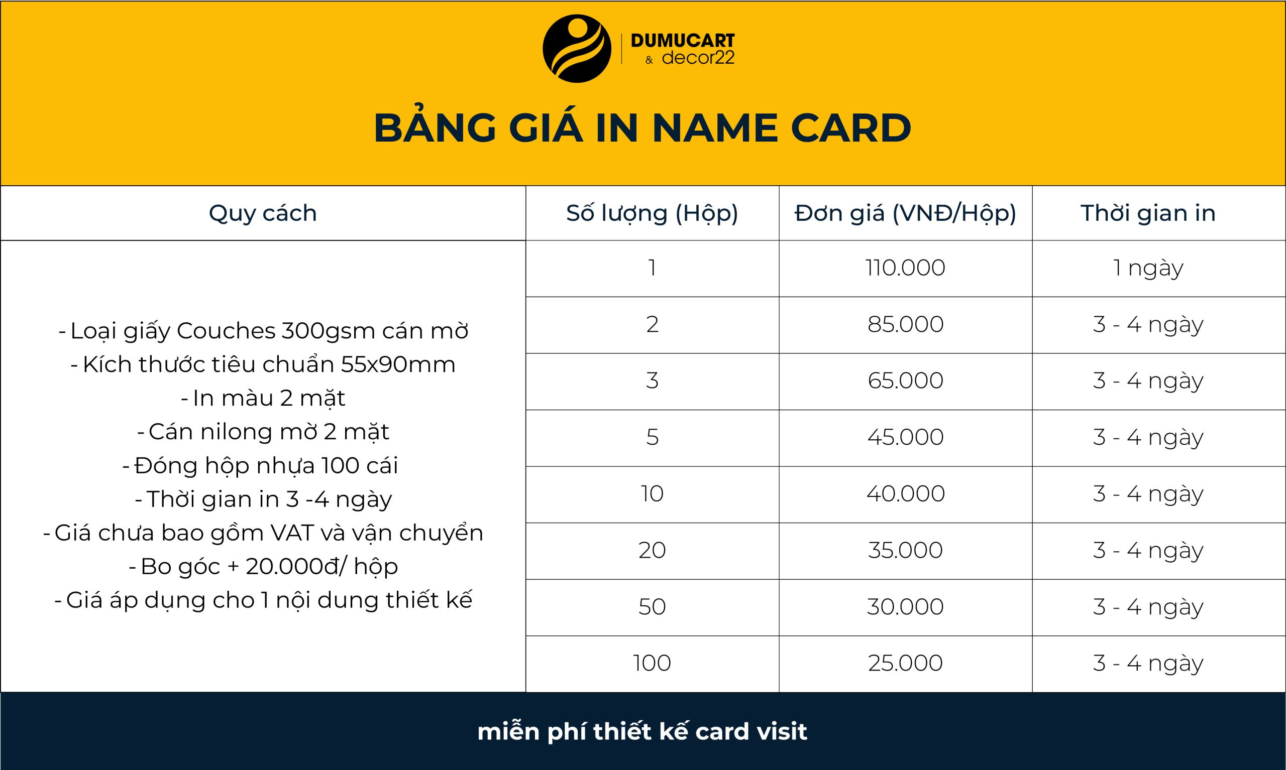 bảng giá in danht hiếp name card, card visit tại in du mục art