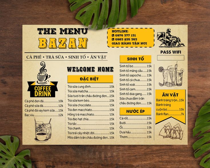 in menu quán cafe