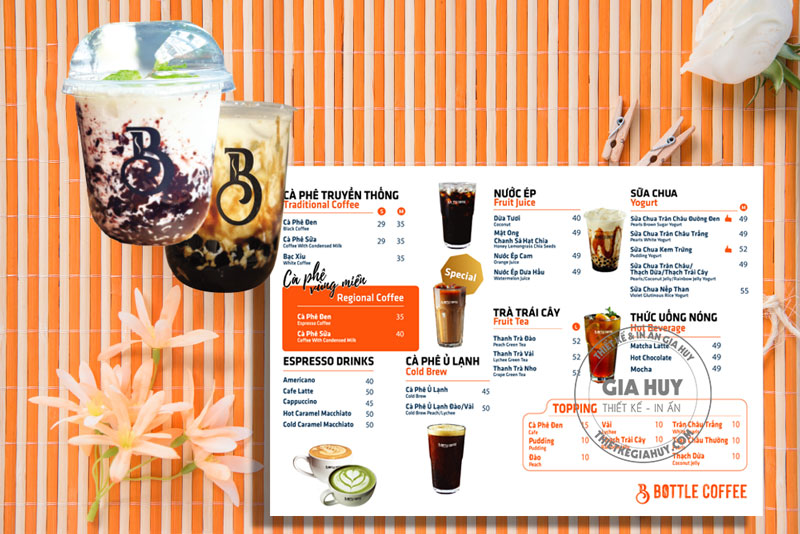 in menu quán cafe