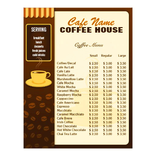 in menu quán cafe
