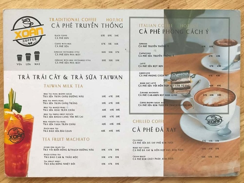 in menu quán cafe