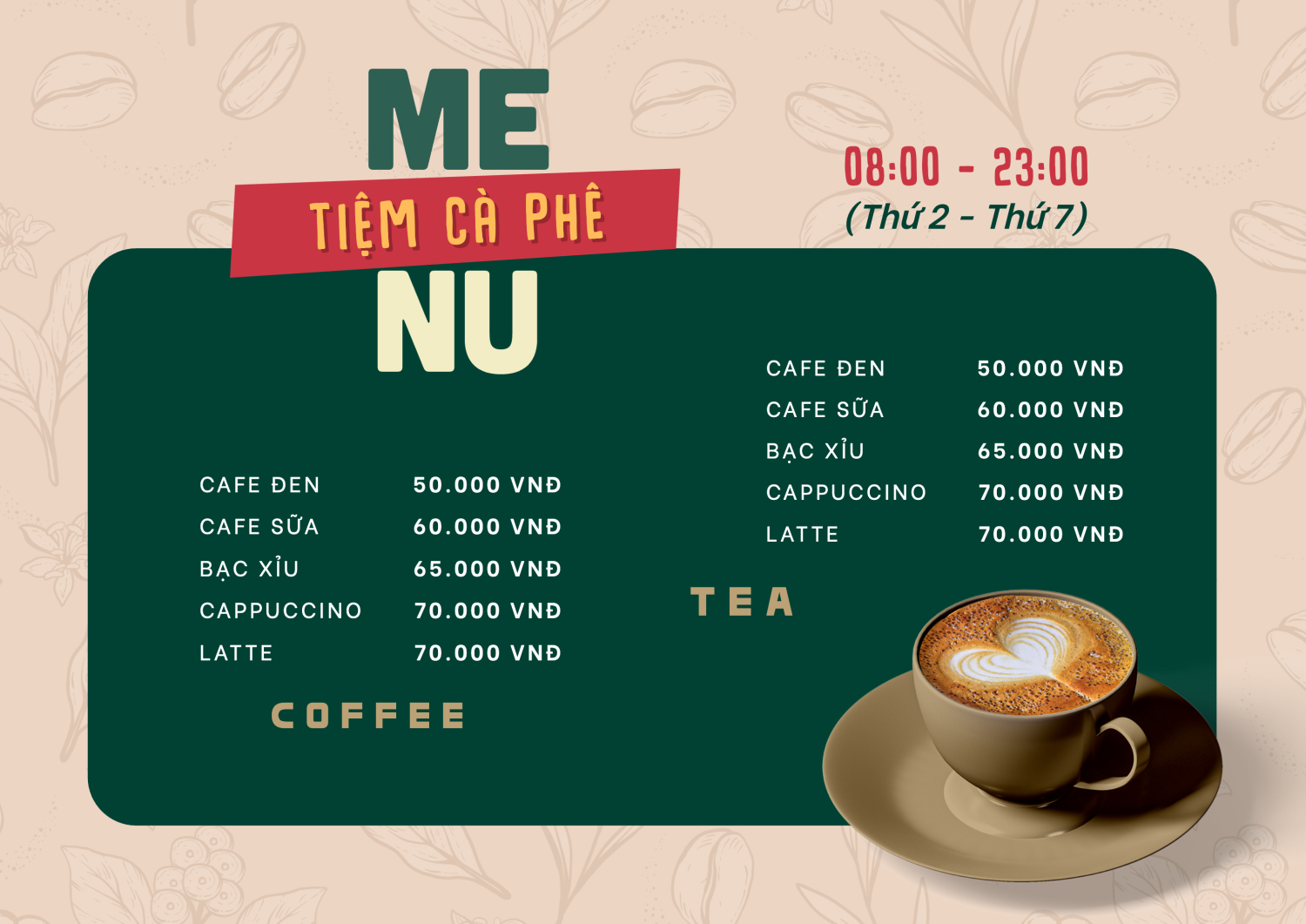 in menu quán cafe