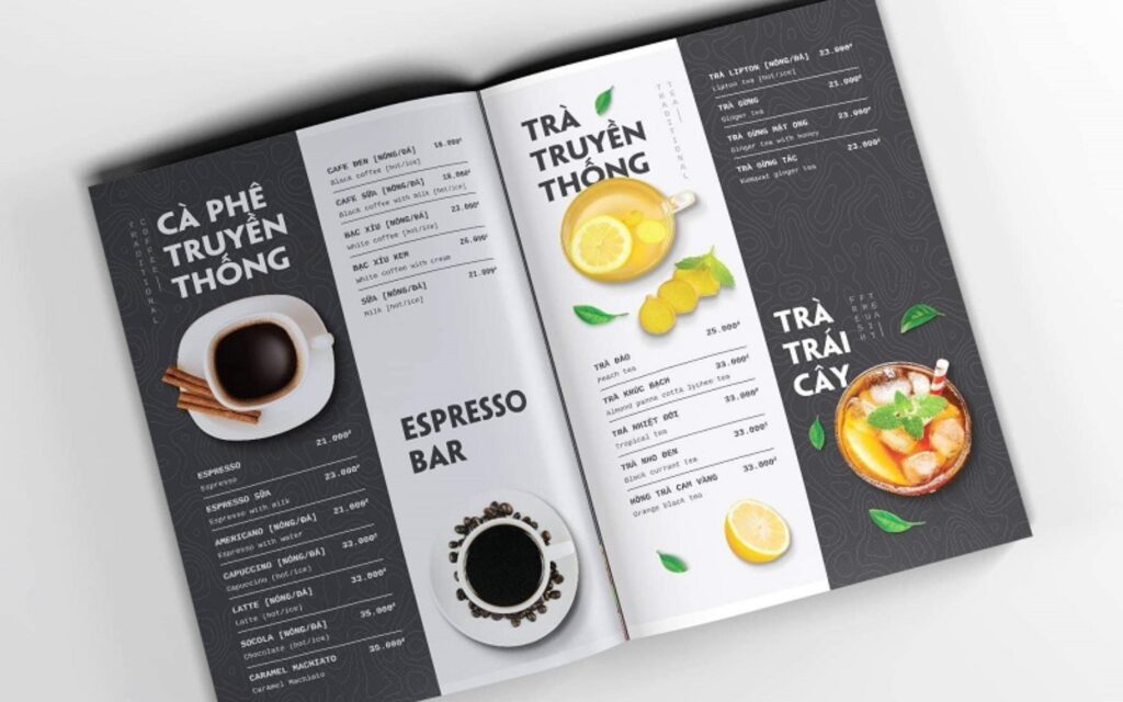 in menu quán cafe