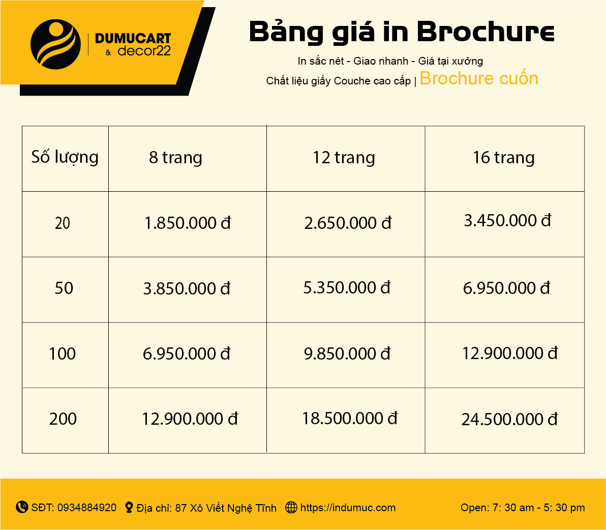 Bảng báo giá in Brochure cuốn