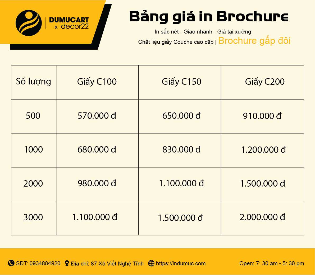 Bảng báo giá in Brochure gấp đôi