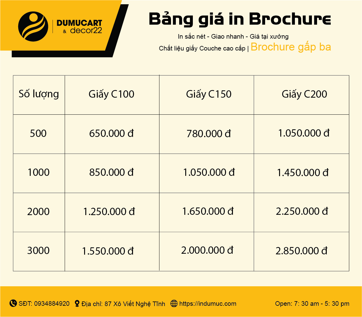 Bảng báo giá in Brochure cuốn