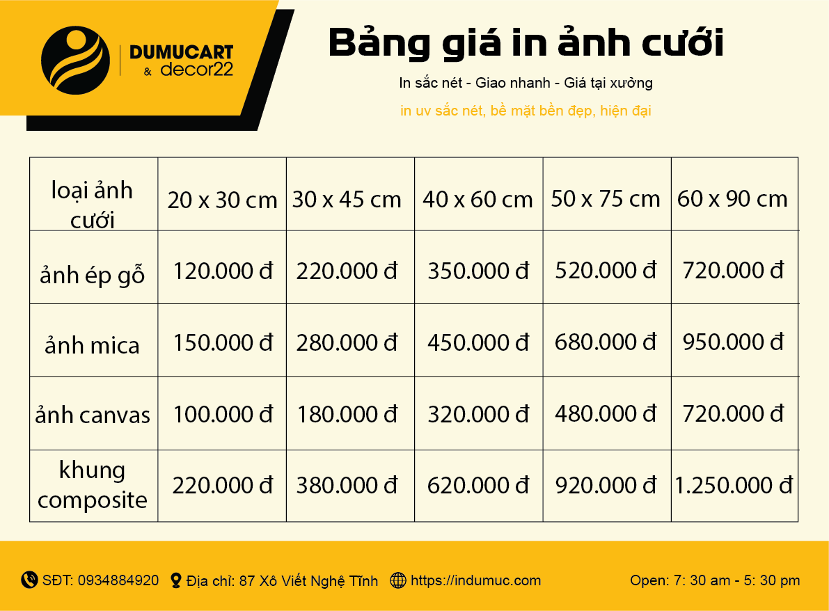 bảng giá in ảnh cưới
