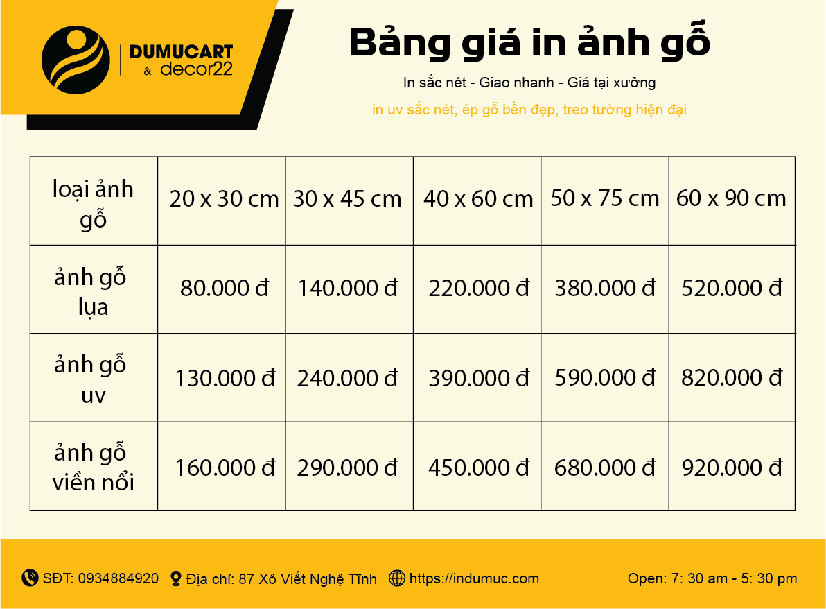 bảng giá in ảnh gỗ