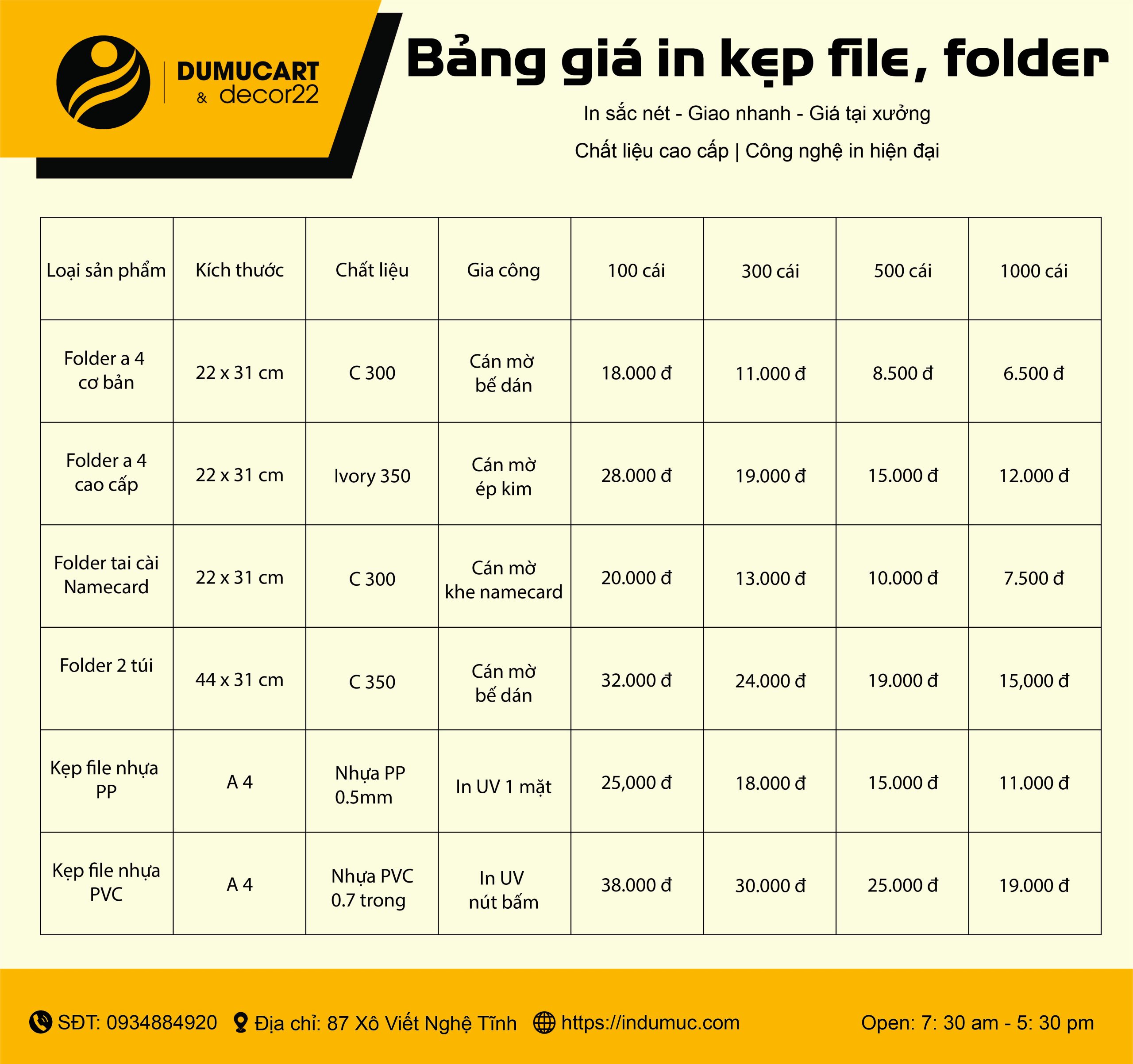 bảng giá in kẹp file folder