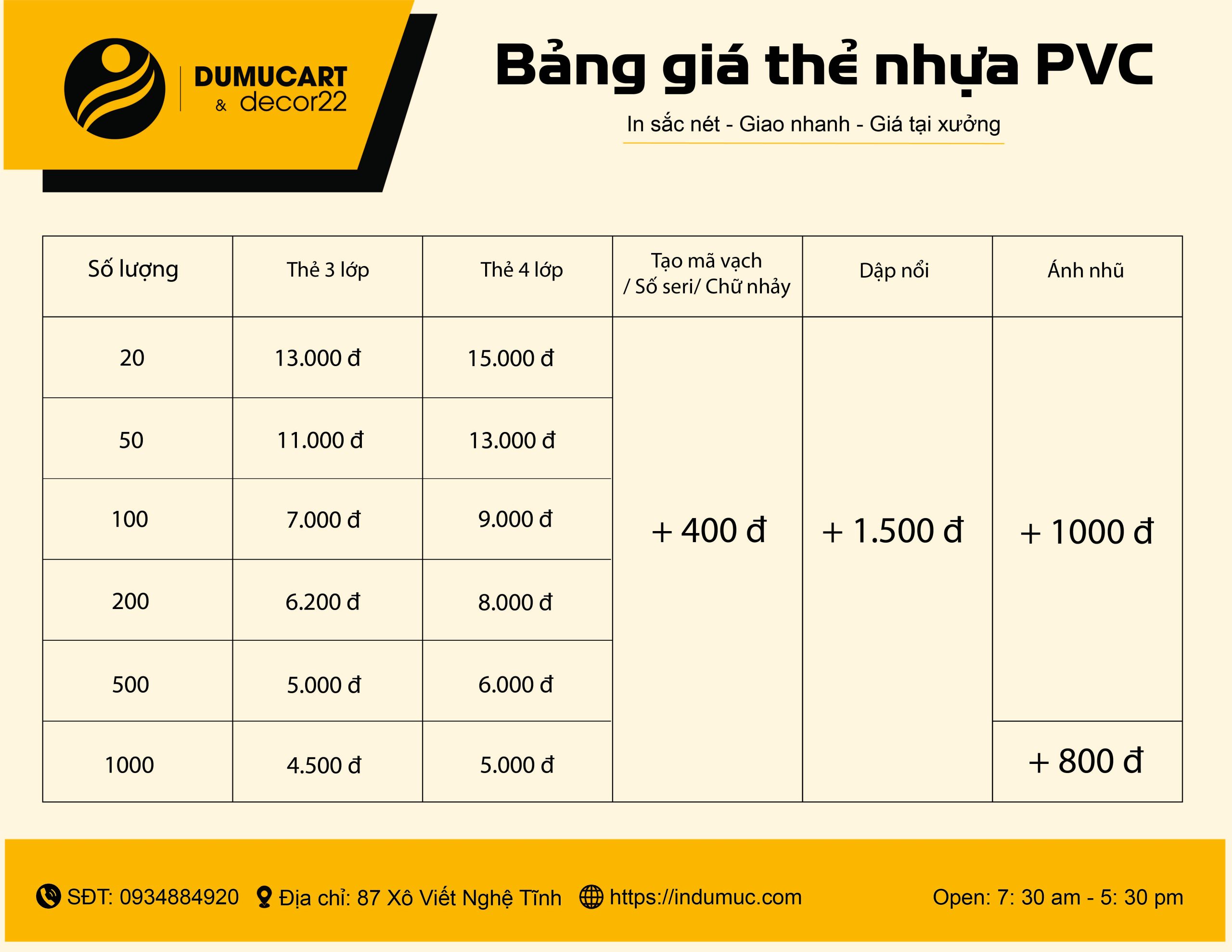bảng giá in thẻ nhựa du mục art