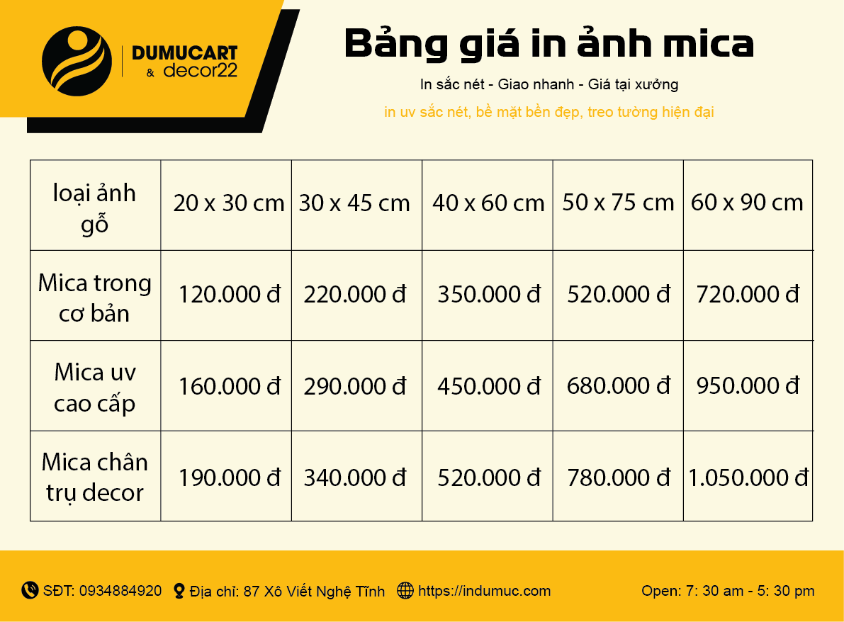 bảng giá ảnh mica