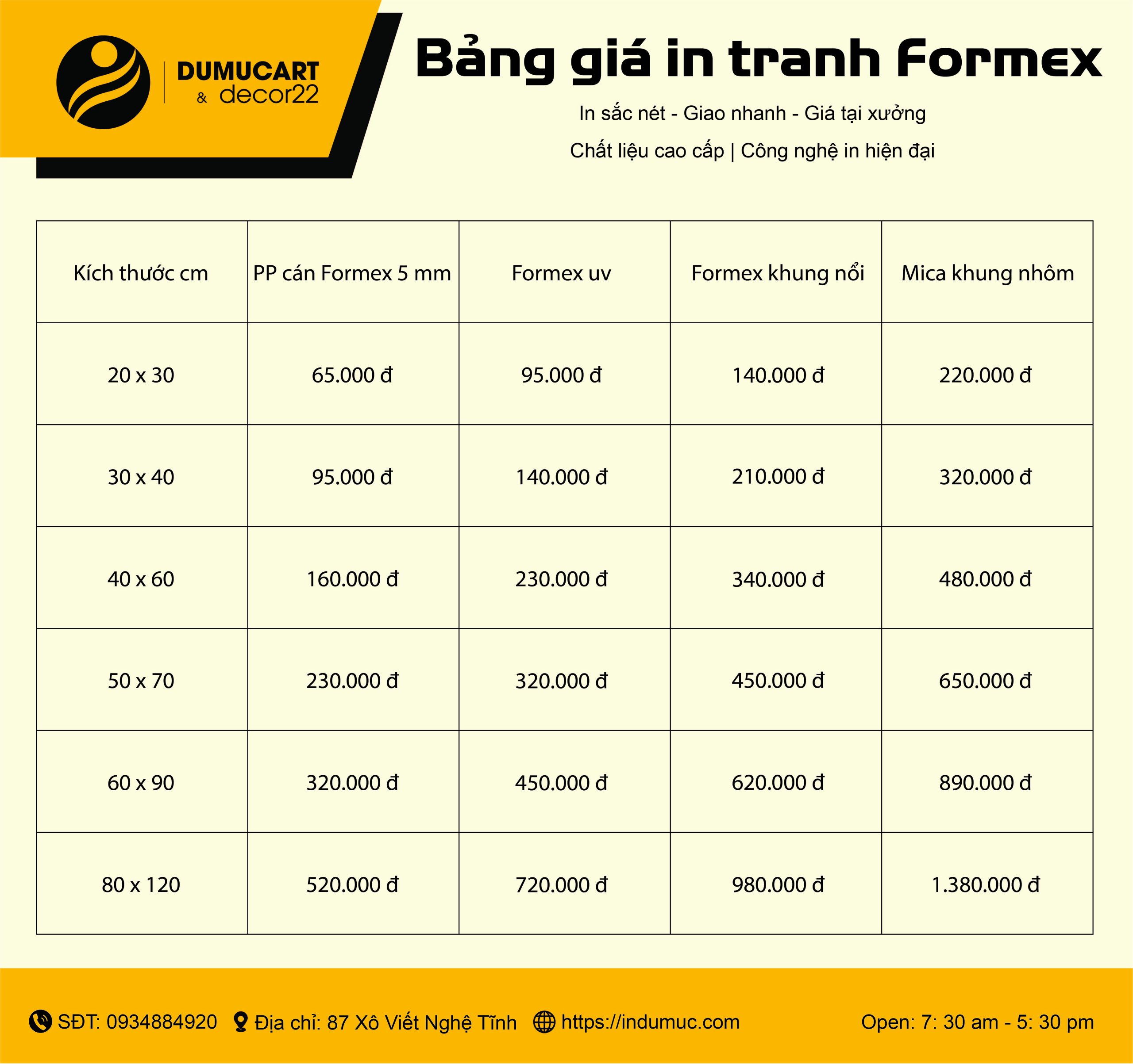 bảng giá in tranh formex