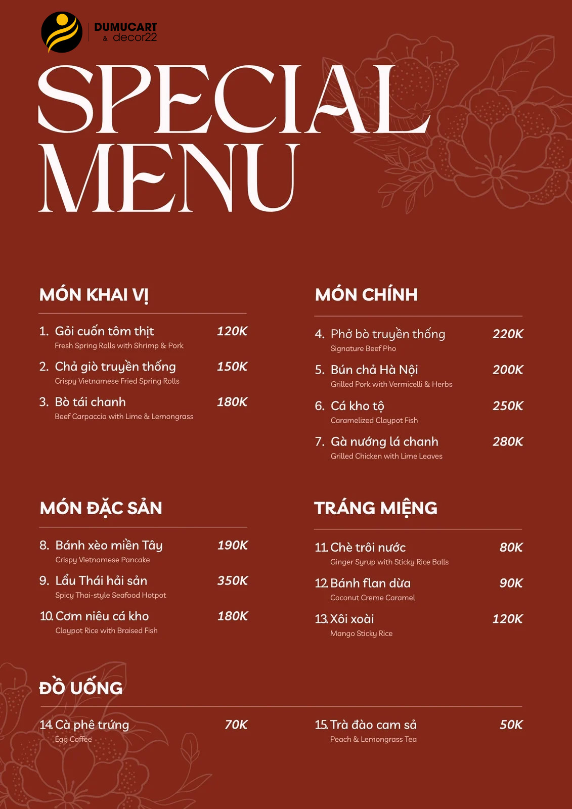 các mẫu in thực đơn