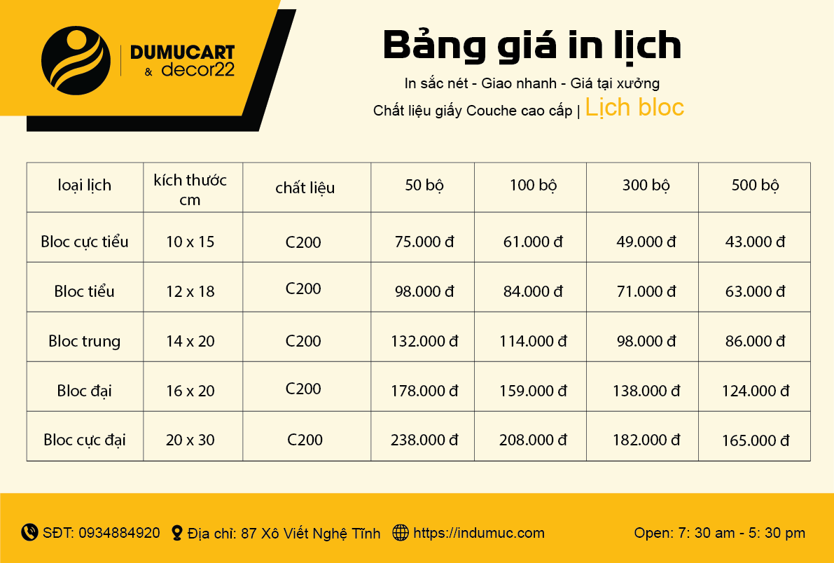 bảng giá in lịch bloc tài nhà in du mục art