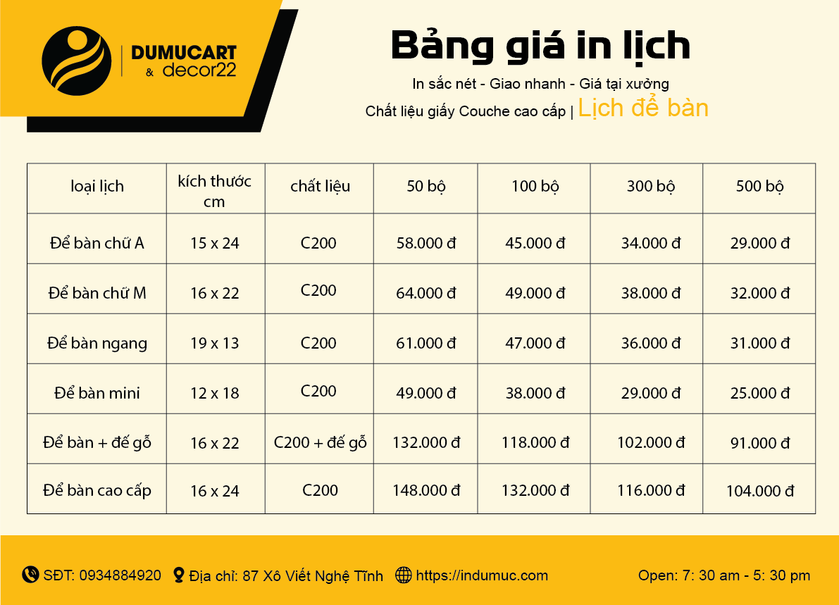 bảng giá in lịch để bàn tại nhà in du mục art