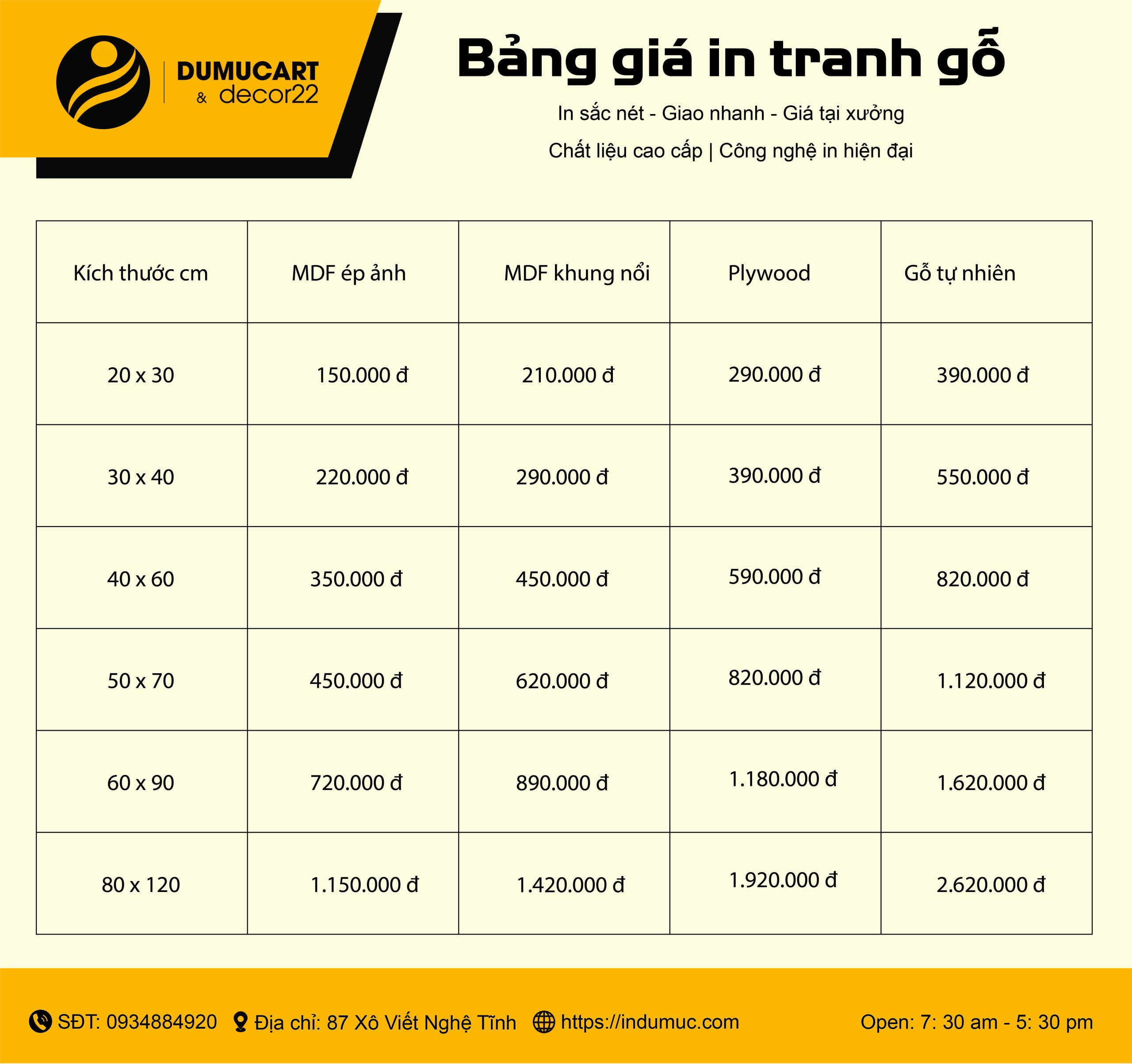 bảng giá in tranh gỗ