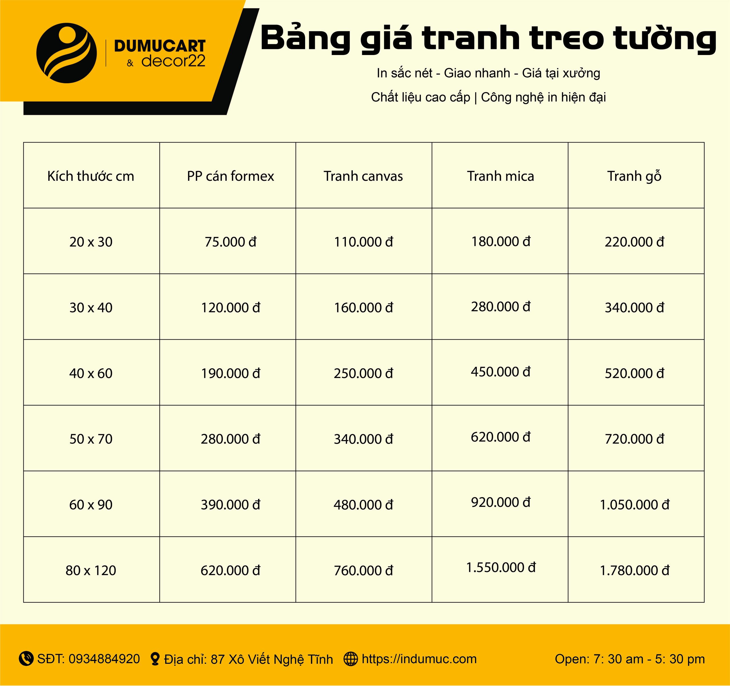 bảng giá in tranh treo tường