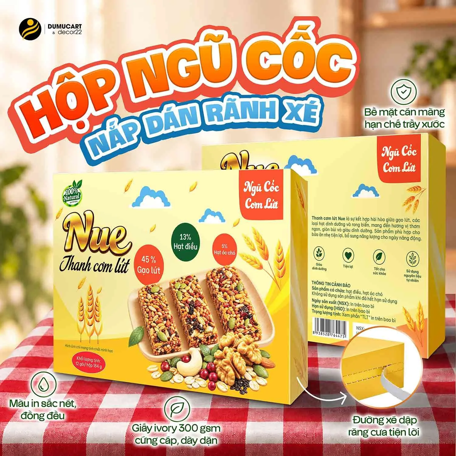 [Case study] In Hộp Giấy Đựng Ngũ Cốc Nắp Dán Rãnh Xé Tiện Lợi